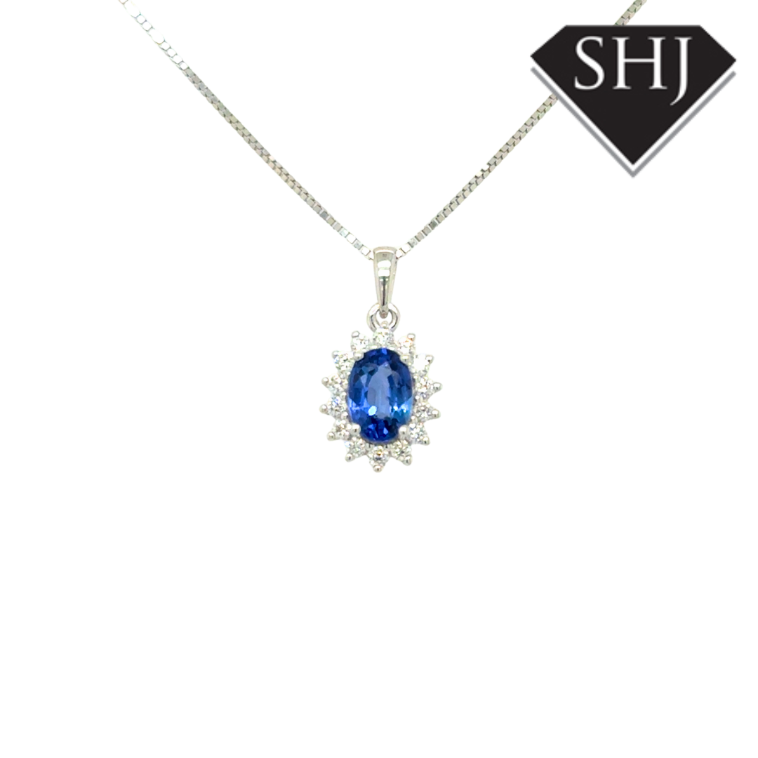 9ct Yellow Gold 0.70ct Sapphire 0.15ct Diamond Pendant & Chain
