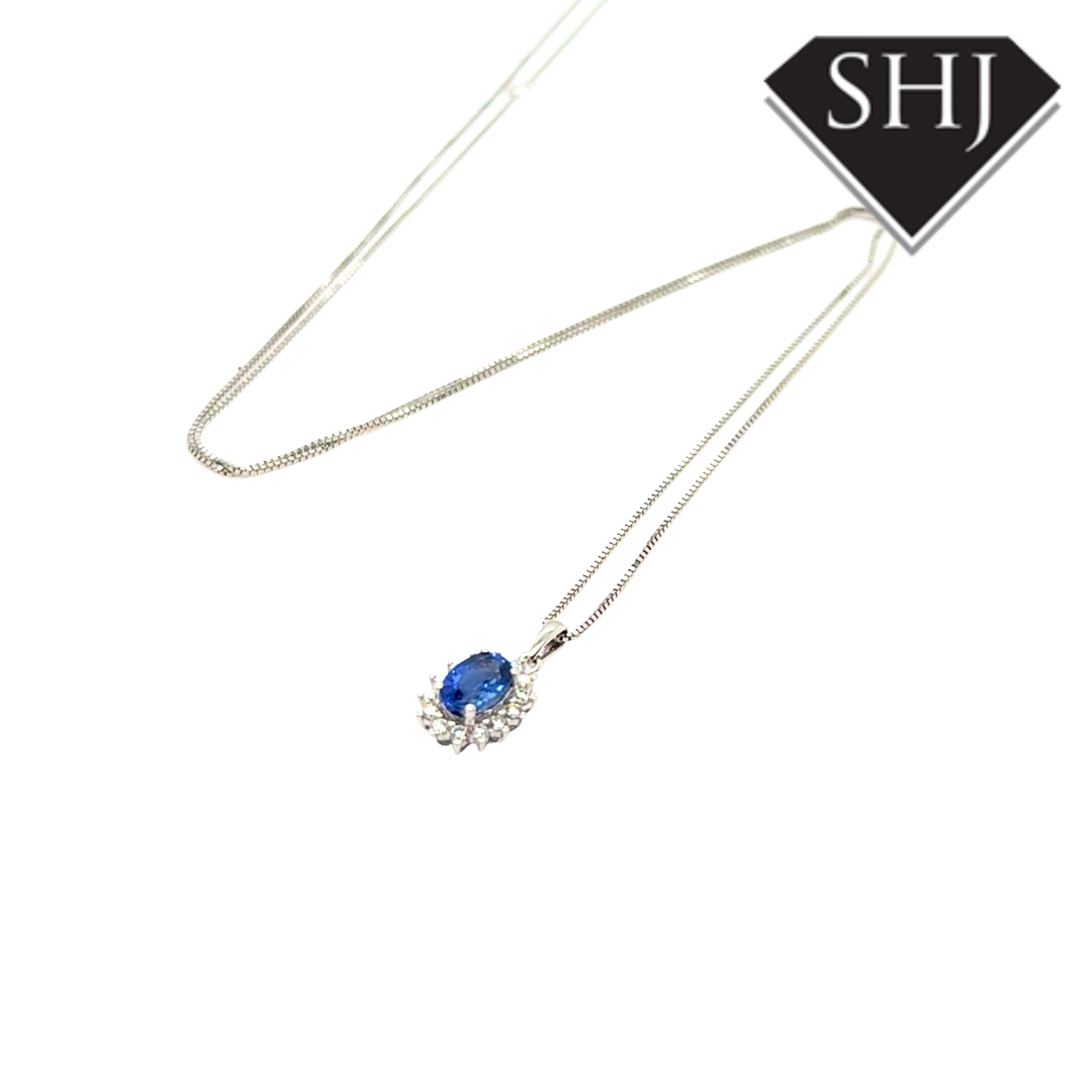 9ct Yellow Gold 0.70ct Sapphire 0.15ct Diamond Pendant & Chain