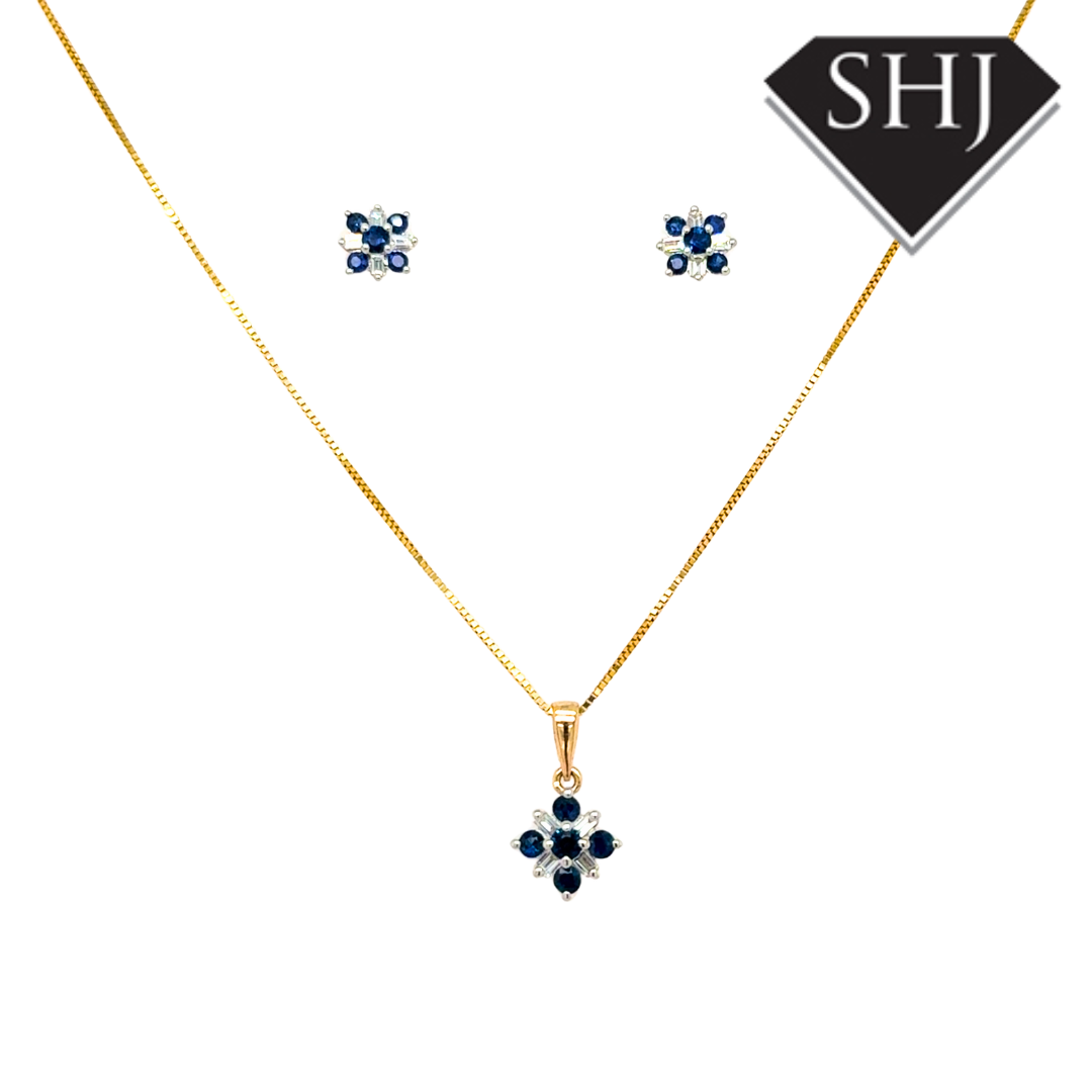 9ct Yellow Gold 0.24ct Sapphire 0.05ct Diamond Pendant & Chain