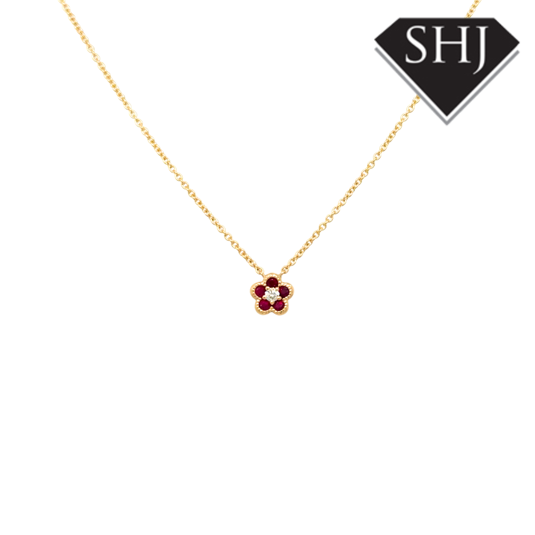 9ct Yellow Gold 0.23ct Ruby & 0.04ct Diamond Pendant & Chain