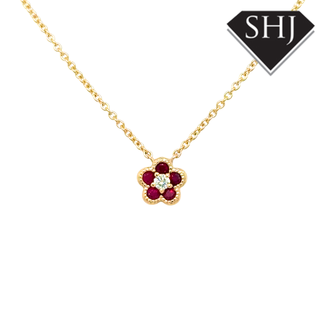 9ct Yellow Gold 0.23ct Ruby & 0.04ct Diamond Pendant & Chain