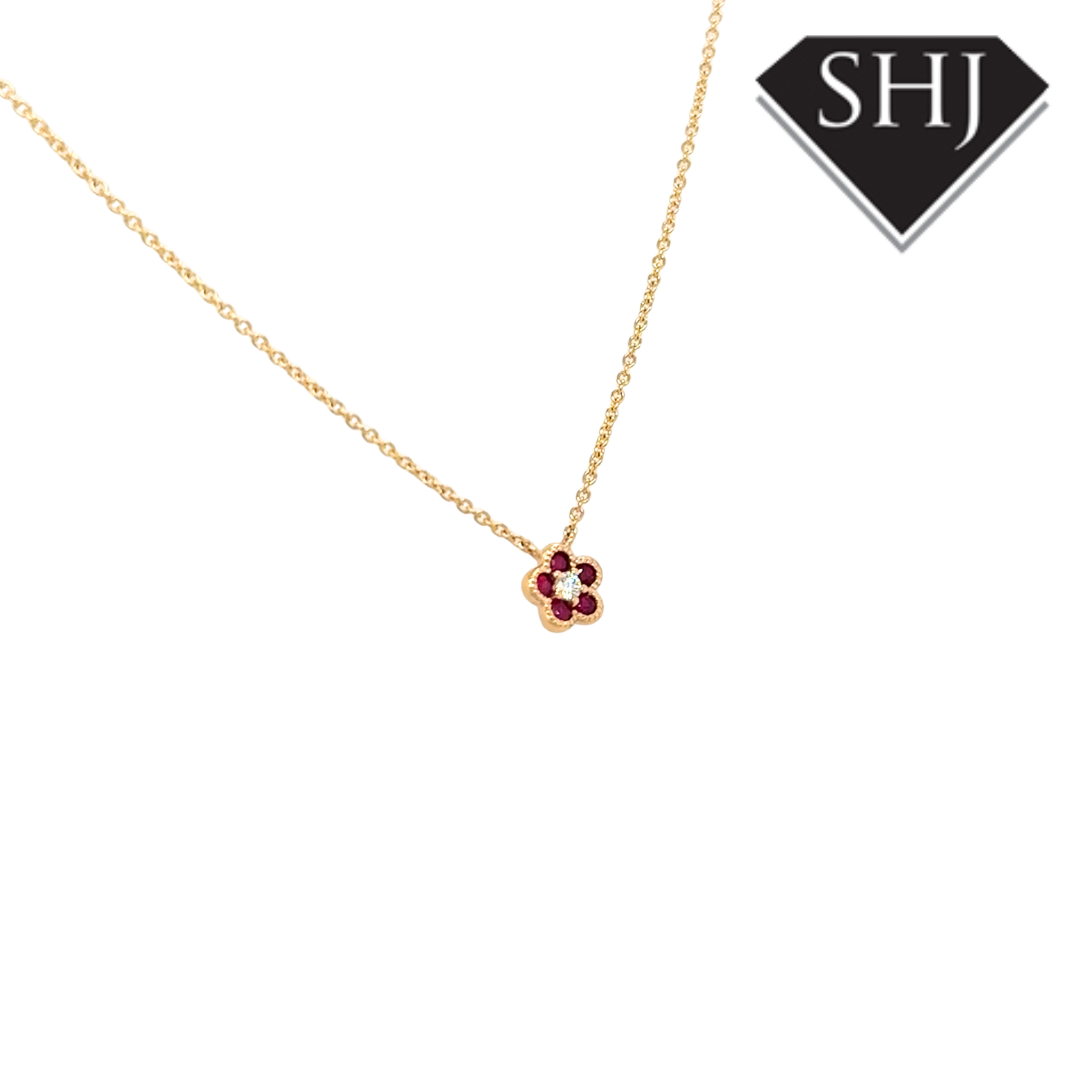9ct Yellow Gold 0.23ct Ruby & 0.04ct Diamond Pendant & Chain