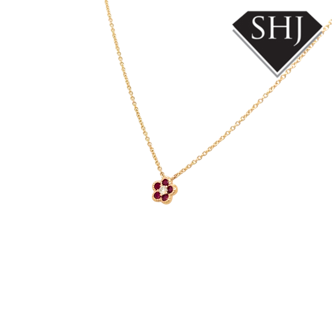 9ct Yellow Gold 0.23ct Ruby & 0.04ct Diamond Pendant & Chain