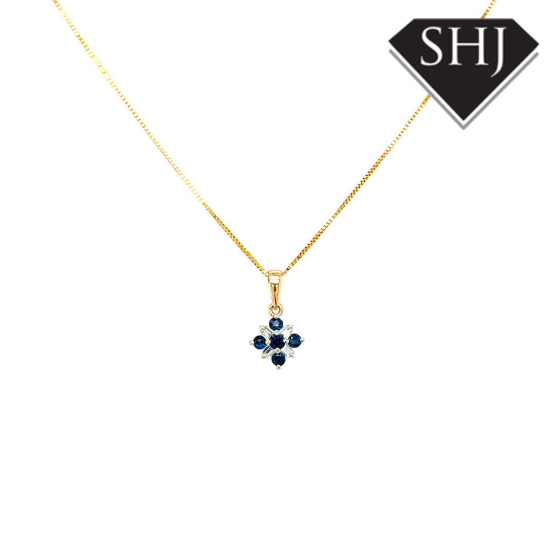 9ct Yellow Gold 0.24ct Sapphire 0.05ct Diamond Pendant & Chain