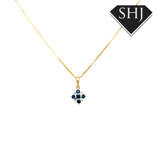 9ct Yellow Gold 0.24ct Sapphire 0.05ct Diamond Pendant & Chain