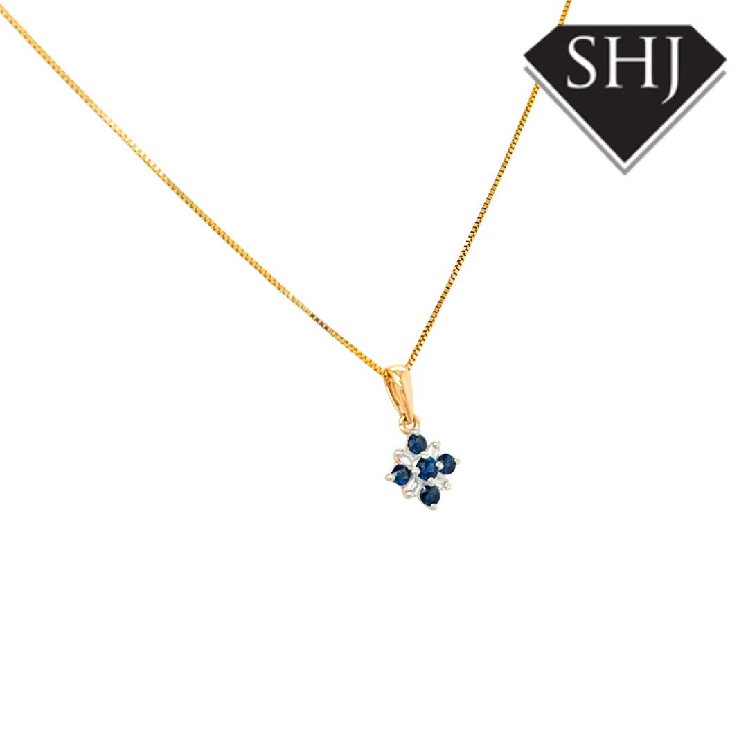 9ct Yellow Gold 0.24ct Sapphire 0.05ct Diamond Pendant & Chain