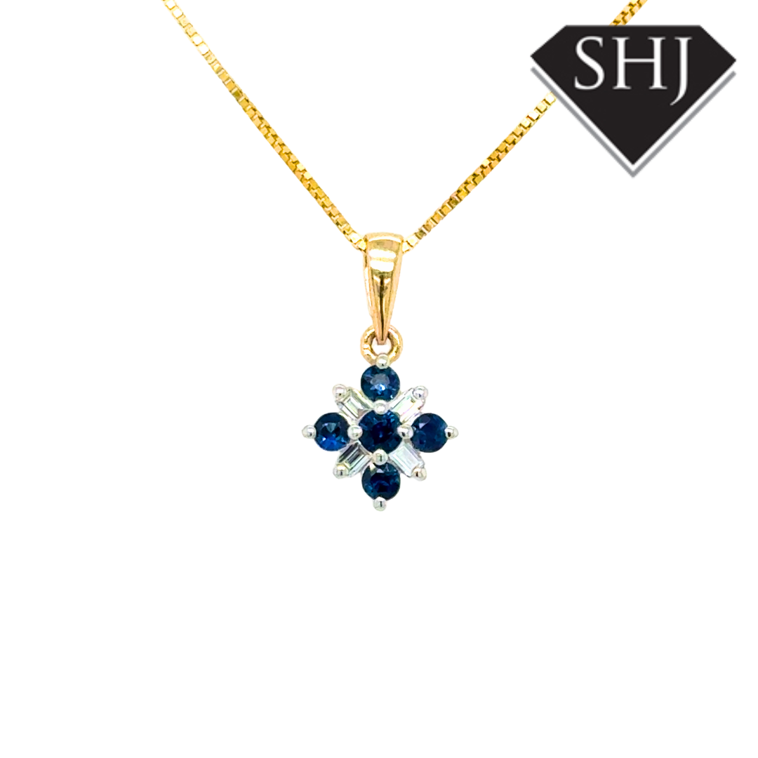 9ct Yellow Gold 0.24ct Sapphire 0.05ct Diamond Pendant & Chain