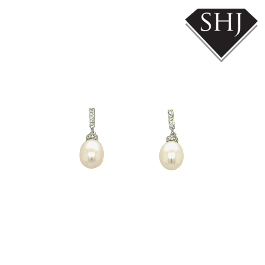 9ct White Gold Pearl & 0.06ct Diamond Drop Earrings