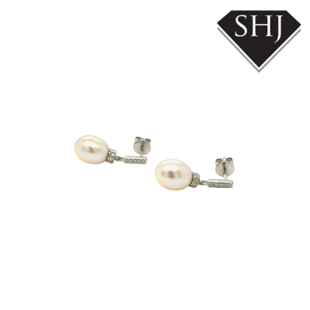 9ct White Gold Pearl & 0.06ct Diamond Drop Earrings