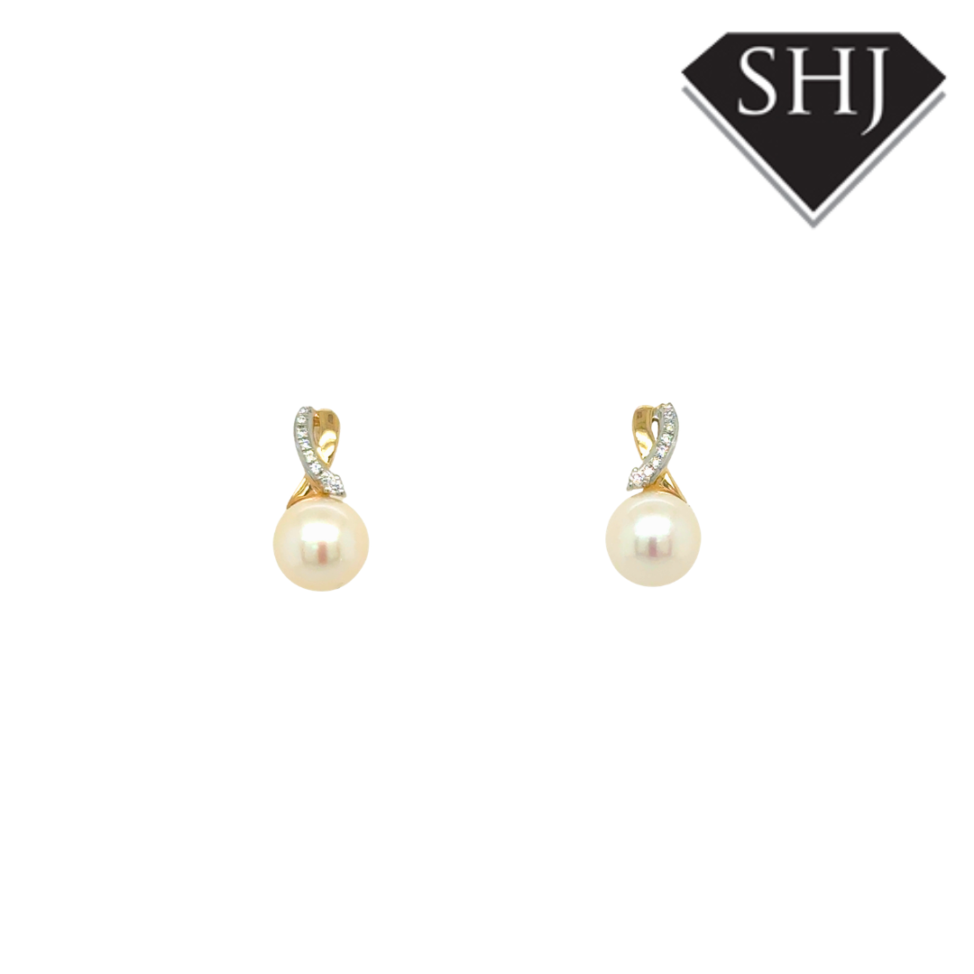 9ct Yellow Gold Pearl & 0.05ct Diamond Earrings