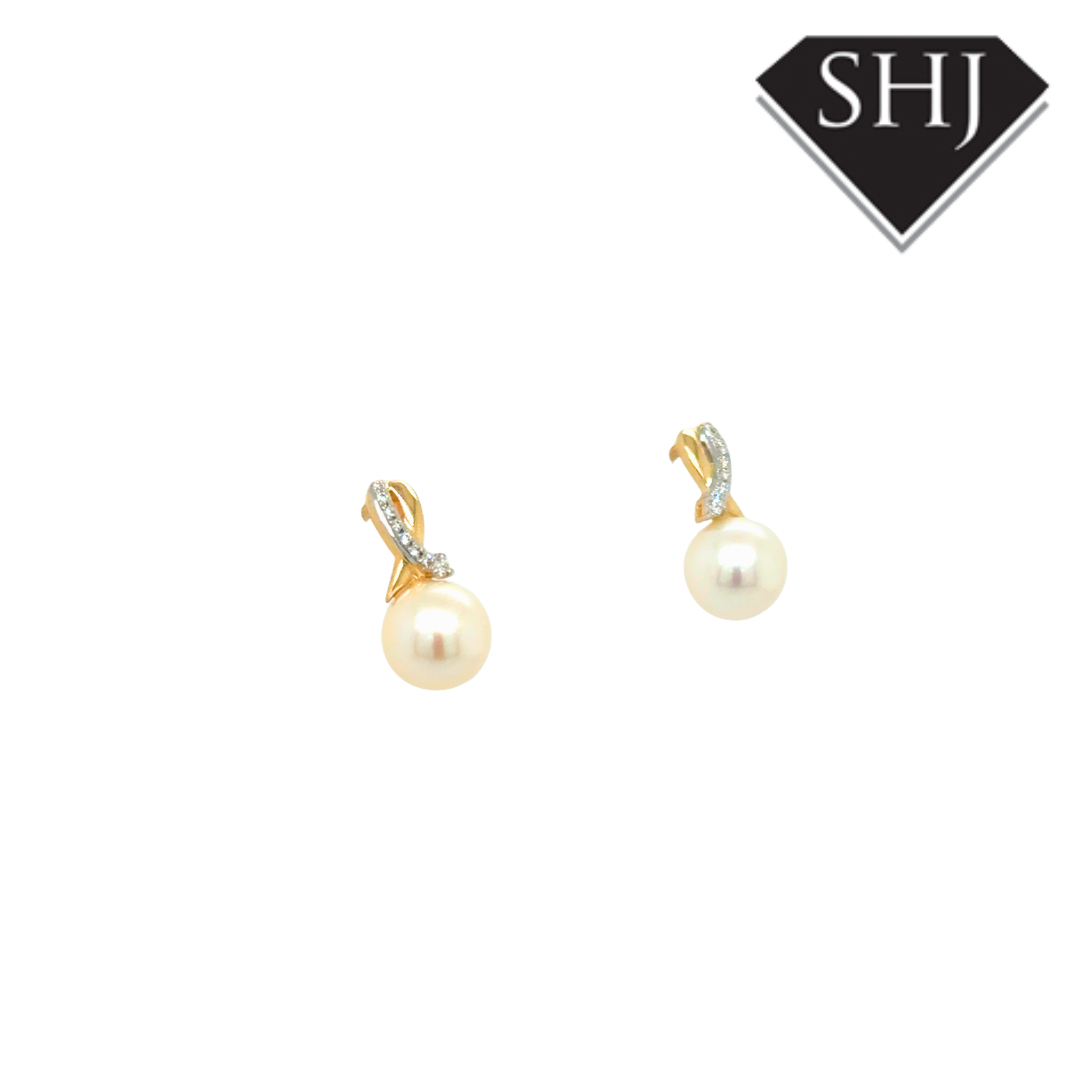 9ct Yellow Gold Pearl & 0.05ct Diamond Earrings