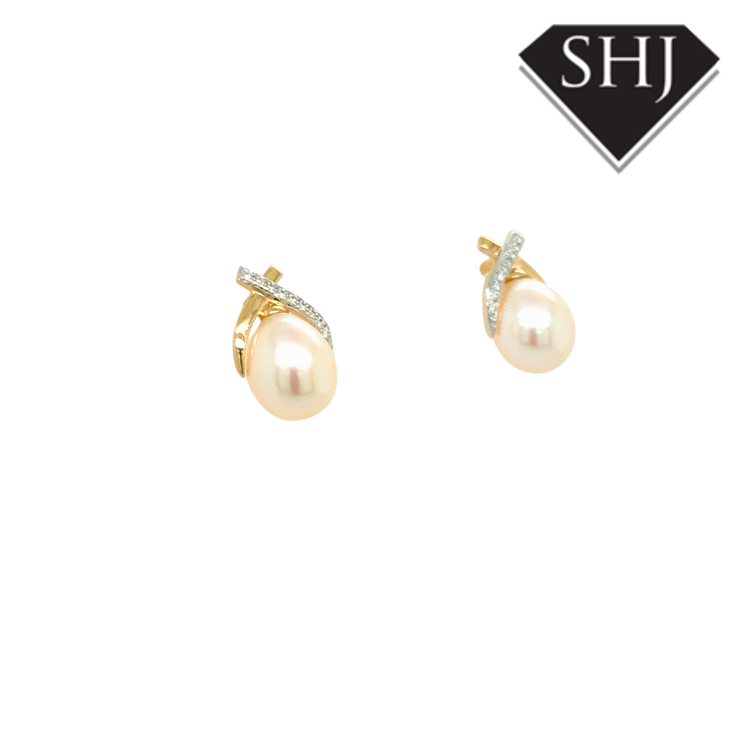 9ct Yellow Gold Pearl & 0.06ct Diamond Earrings