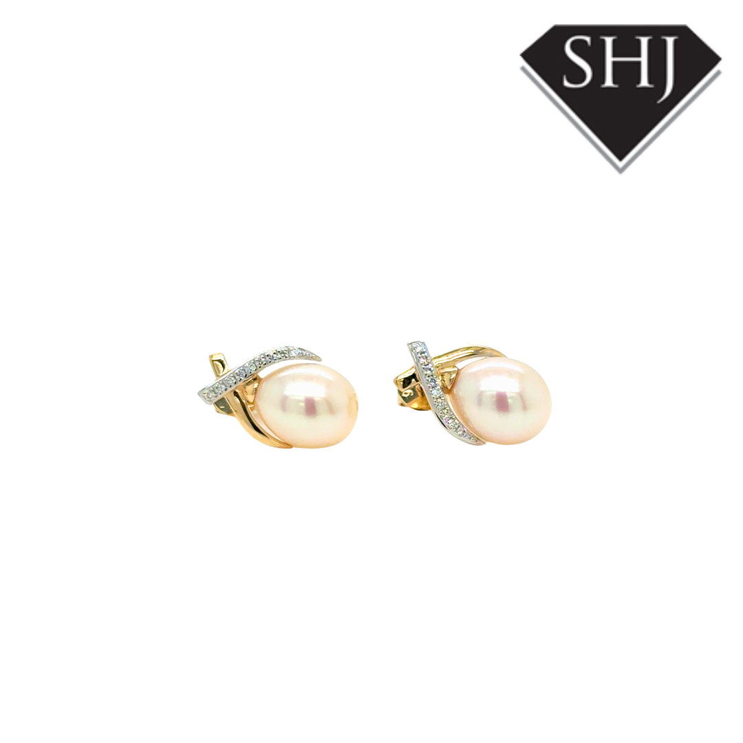 9ct Yellow Gold Pearl & 0.06ct Diamond Earrings