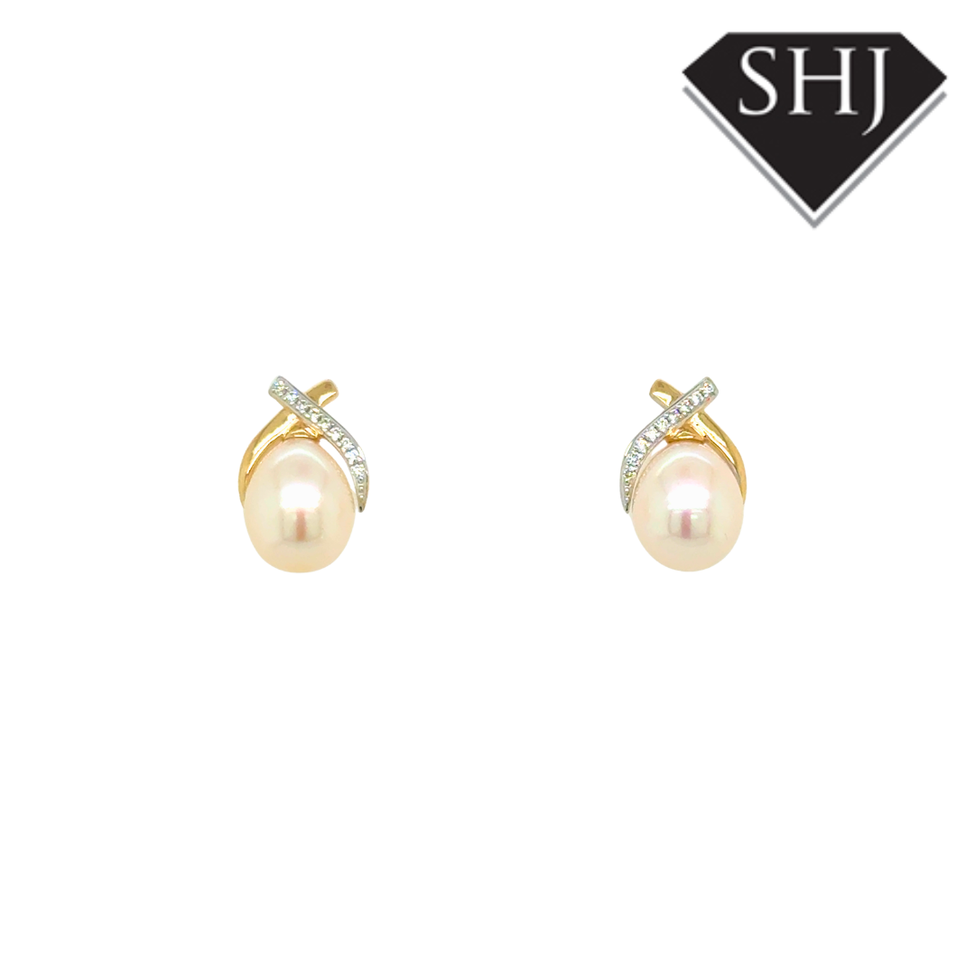 9ct Yellow Gold Pearl & 0.06ct Diamond Earrings