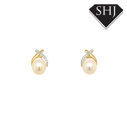 9ct Yellow Gold Pearl & 0.06ct Diamond Earrings