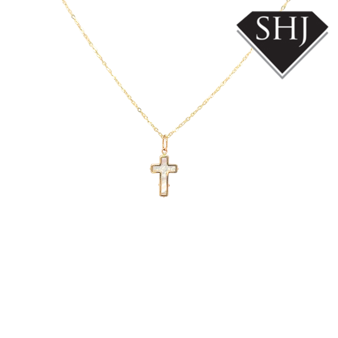 9ct Yellow Gold Mother of Pearl Cross Pendant & Chain