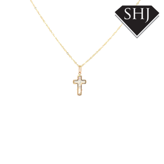 9ct Yellow Gold Mother of Pearl Cross Pendant & Chain