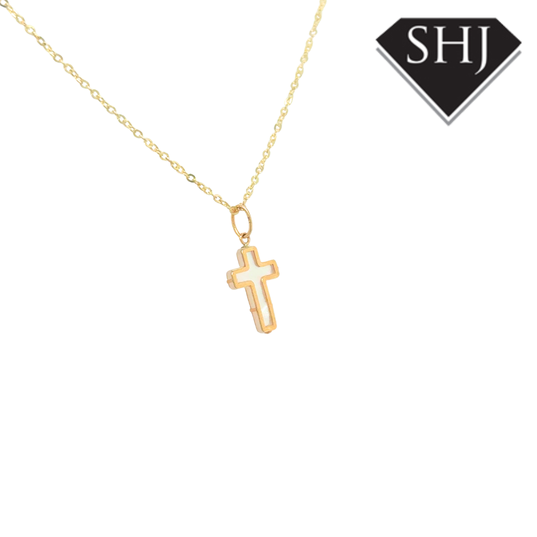 9ct Yellow Gold Mother of Pearl Cross Pendant & Chain