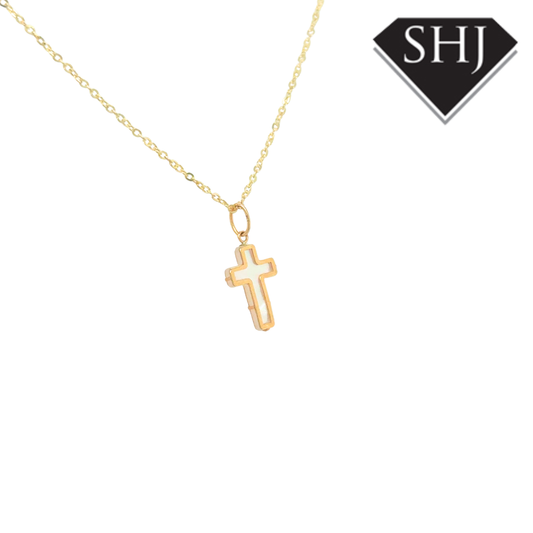 9ct Yellow Gold Mother of Pearl Cross Pendant & Chain