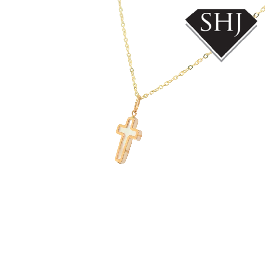 9ct Yellow Gold Mother of Pearl Cross Pendant & Chain