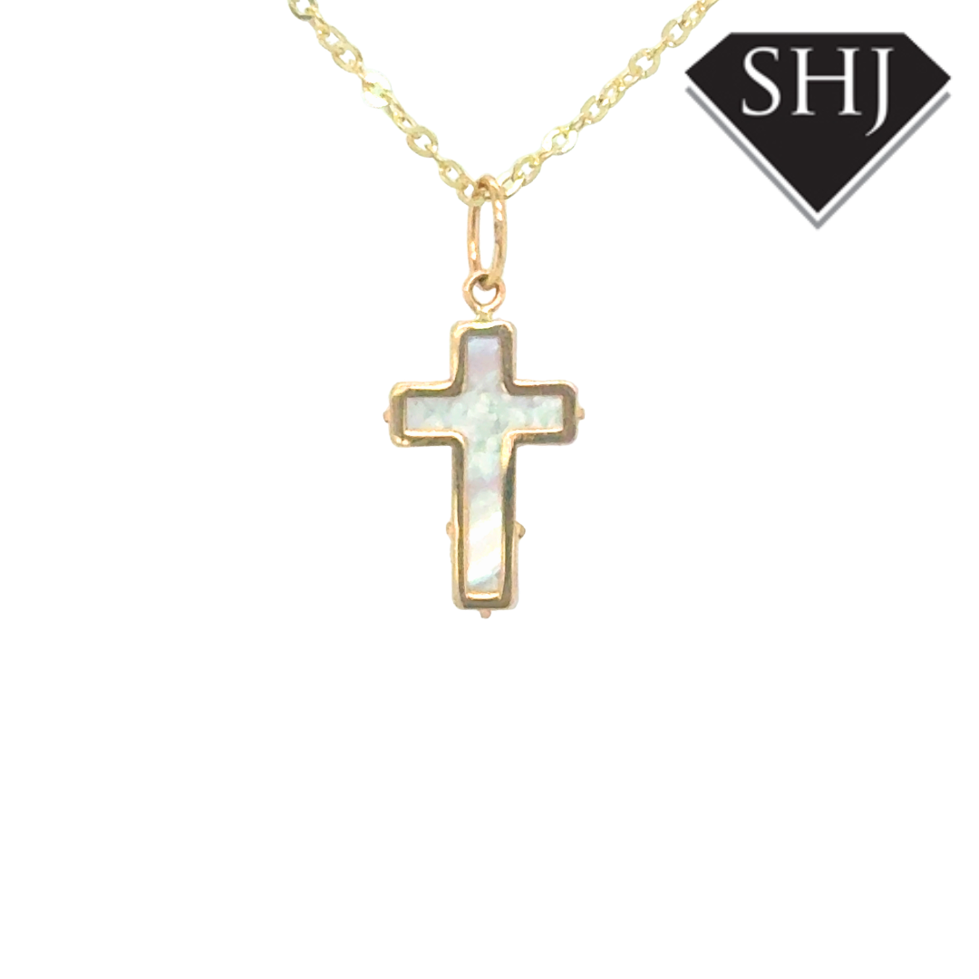 9ct Yellow Gold Mother of Pearl Cross Pendant & Chain