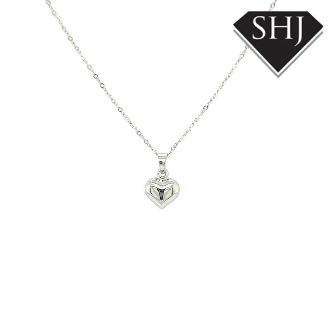 9ct White Gold Puffer Heart Pendant & Chain