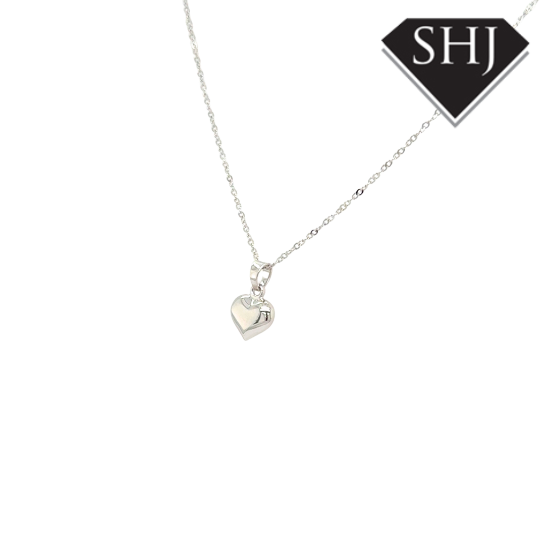 9ct White Gold Puffer Heart Pendant & Chain