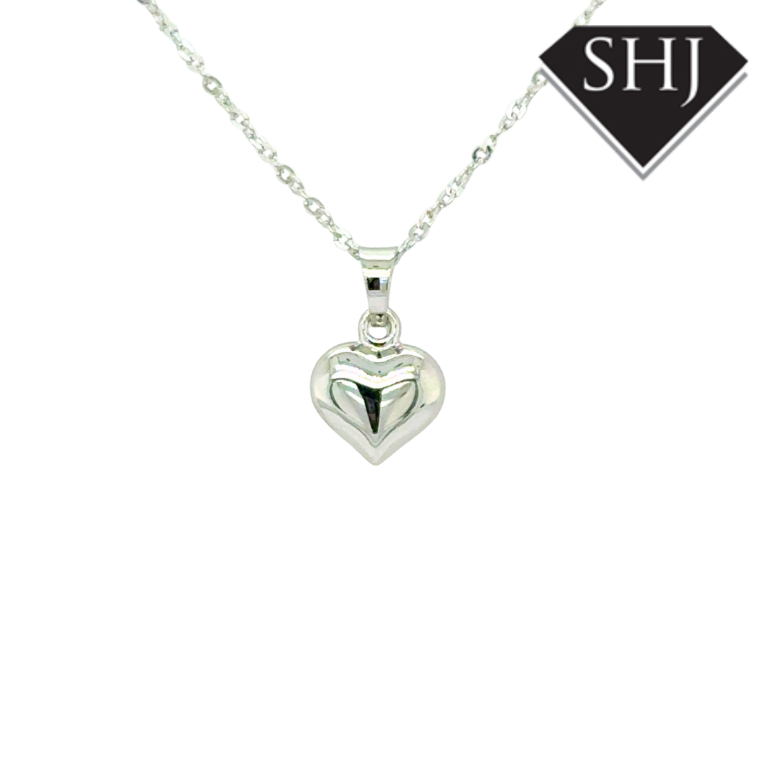 9ct White Gold Puffer Heart Pendant & Chain