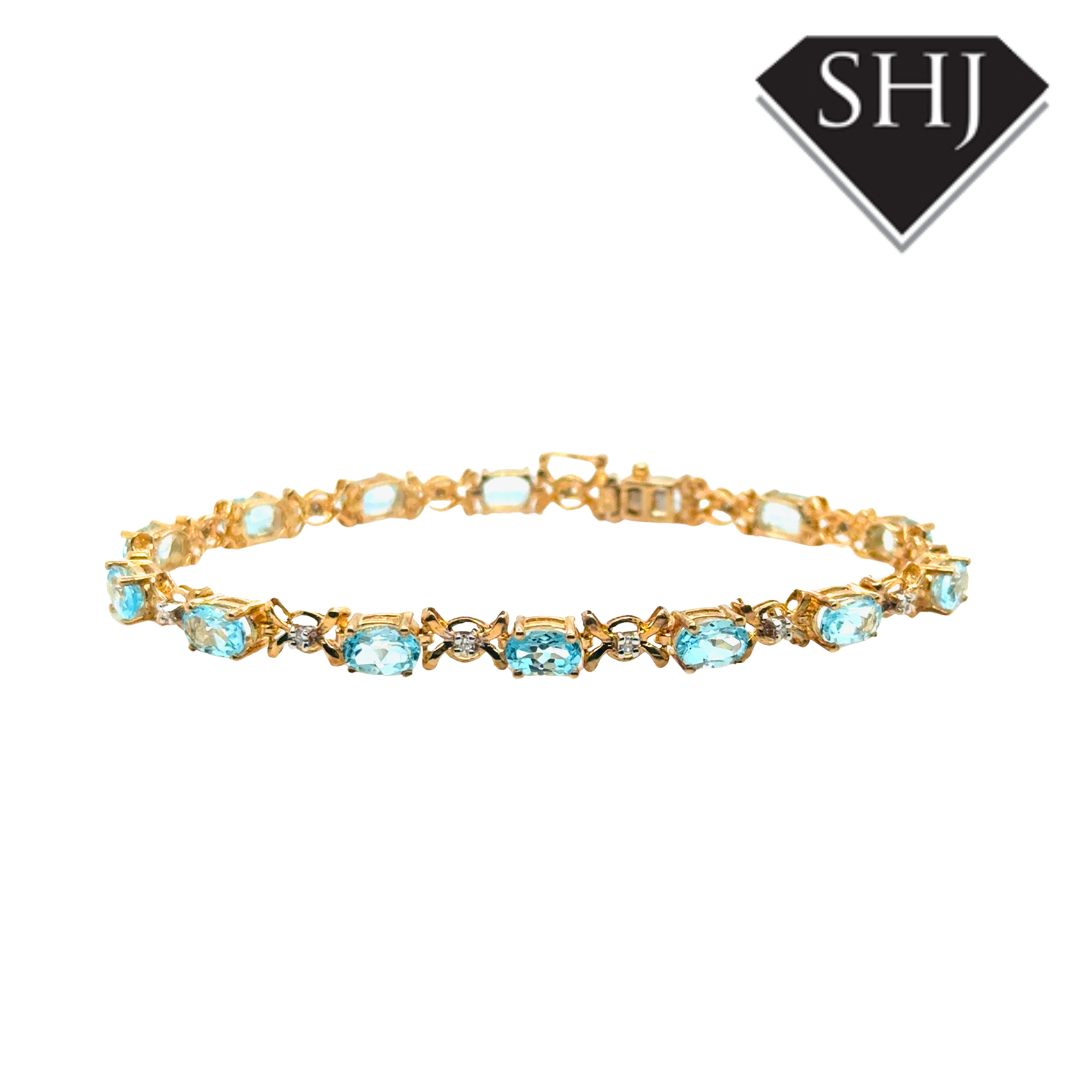 9ct Yellow Gold Blue Topas and Diamond Bracelet