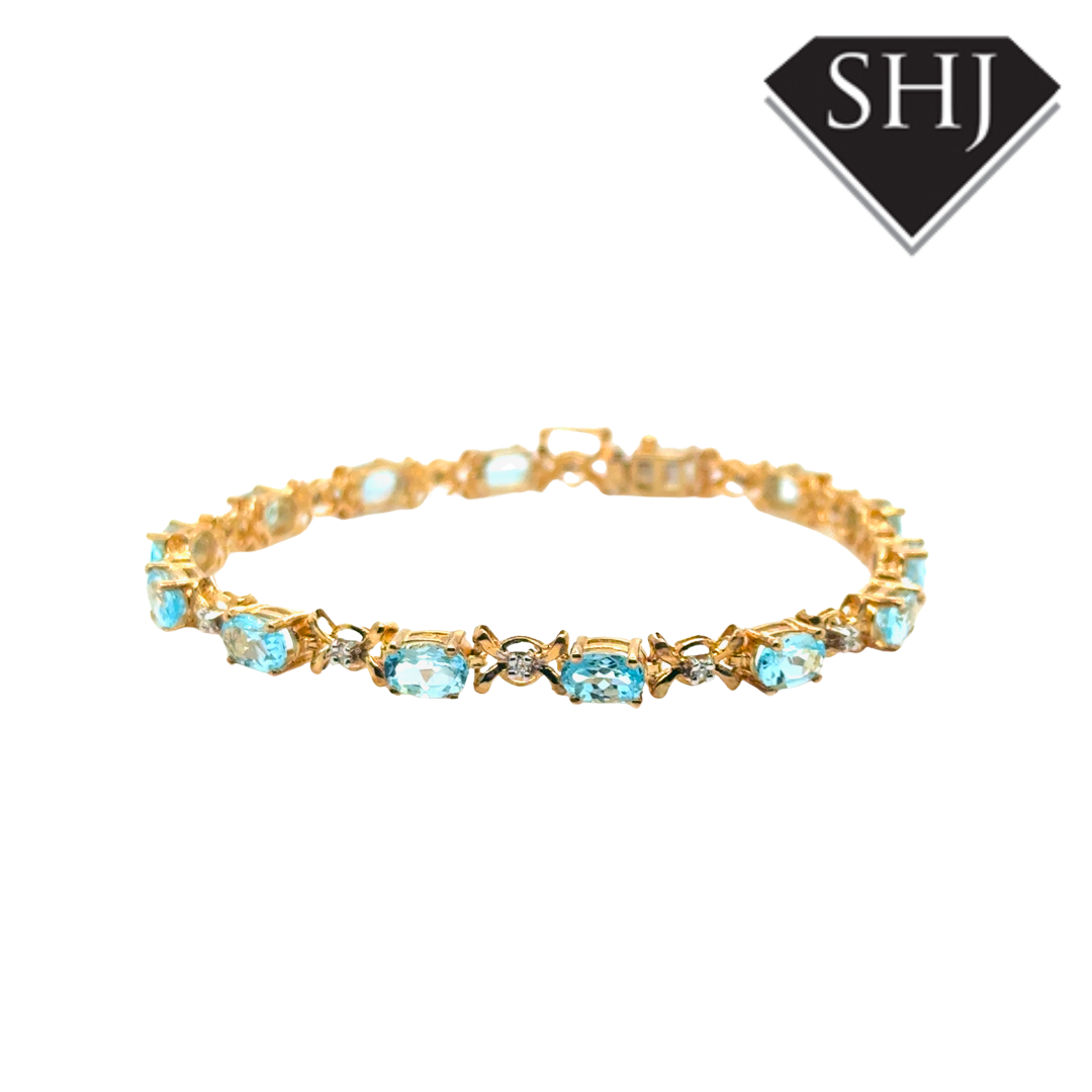 9ct Yellow Gold Blue Topas and Diamond Bracelet