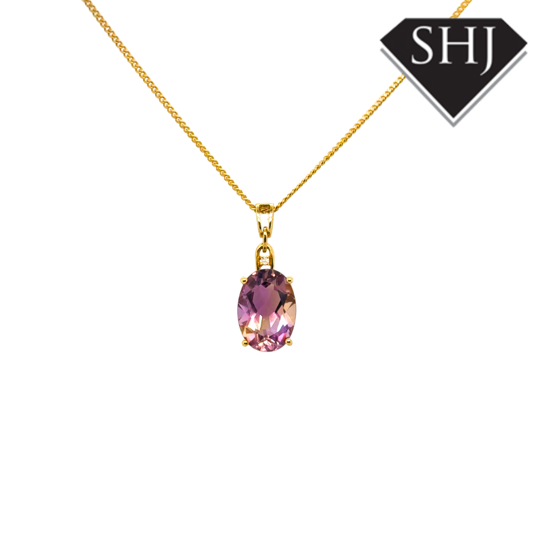 9ct Yellow Gold Amethyst and Diamond Pendant & Chain