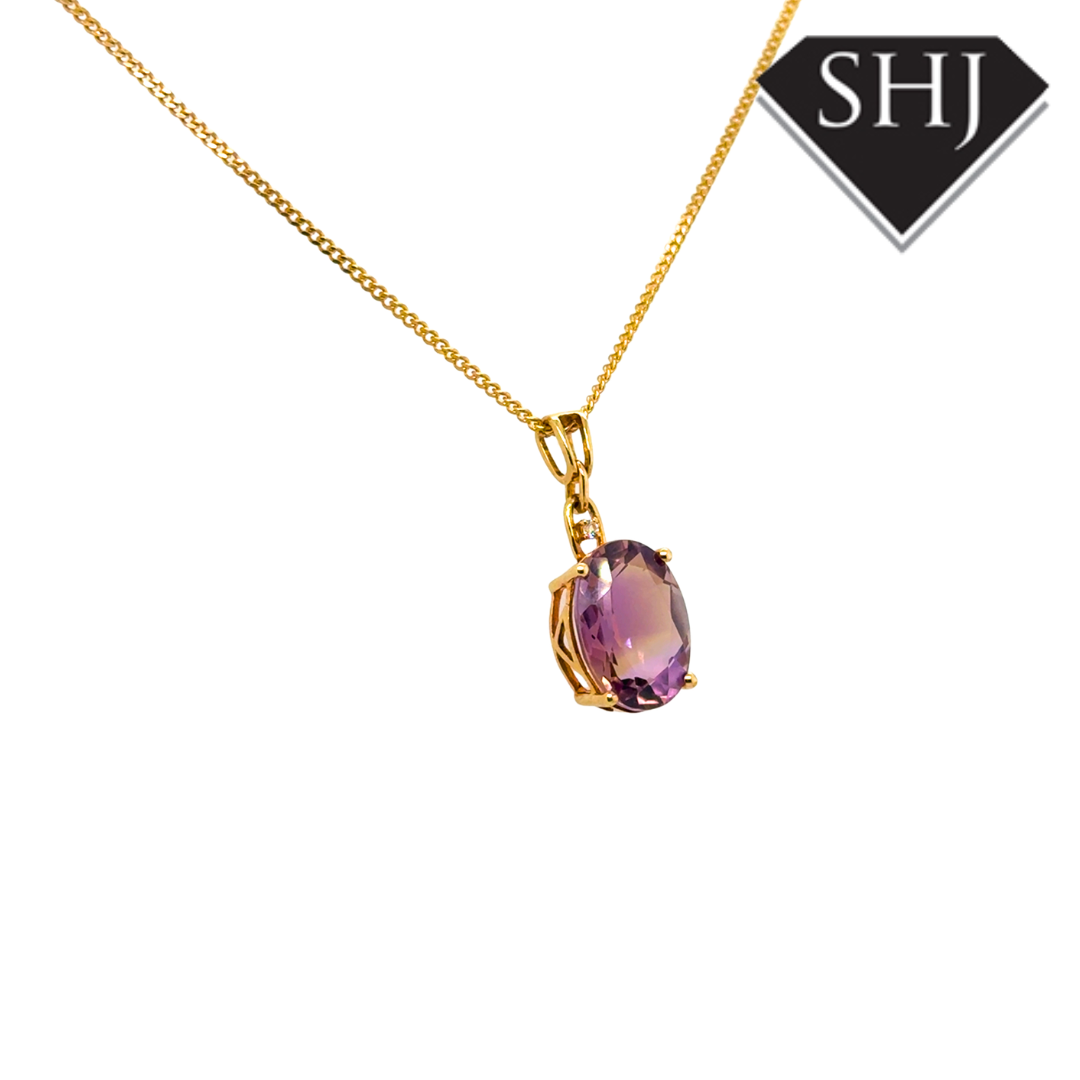 9ct Yellow Gold Amethyst and Diamond Pendant & Chain