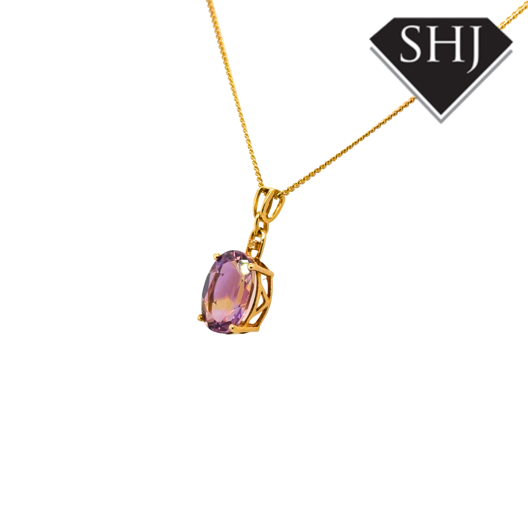 9ct Yellow Gold Amethyst and Diamond Pendant & Chain