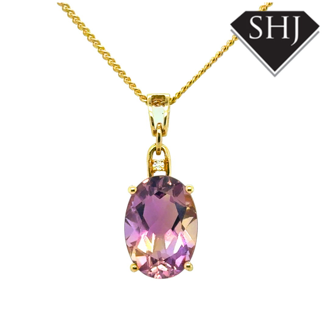 9ct Yellow Gold Amethyst and Diamond Pendant & Chain