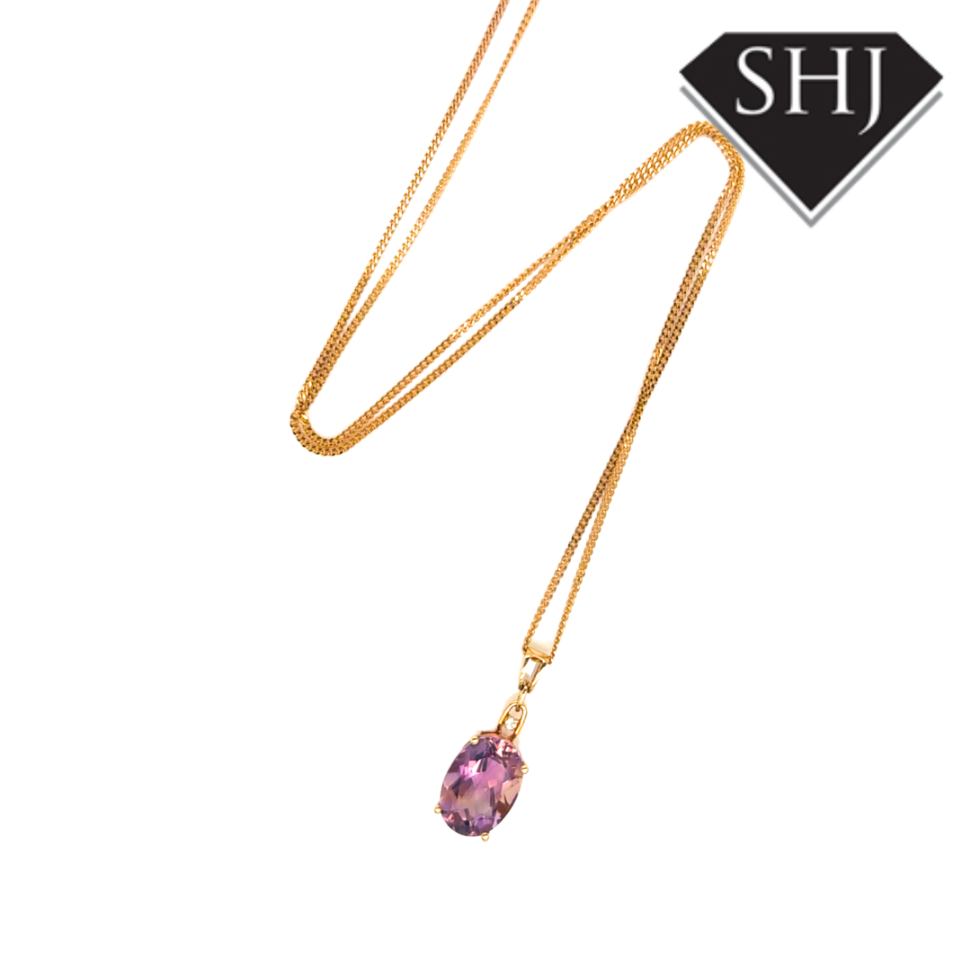 9ct Yellow Gold Amethyst and Diamond Pendant & Chain