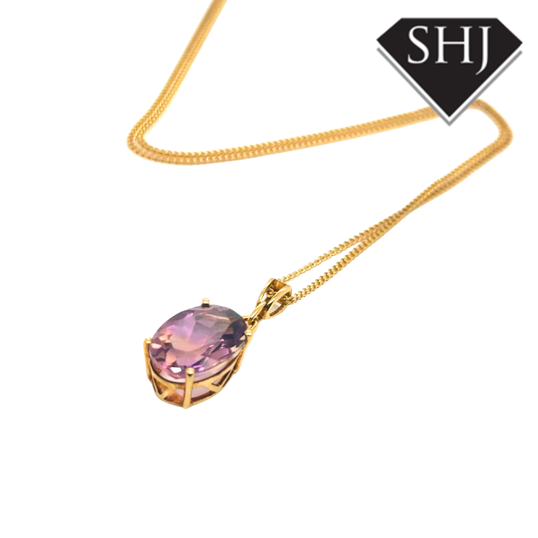 9ct Yellow Gold Amethyst and Diamond Pendant & Chain