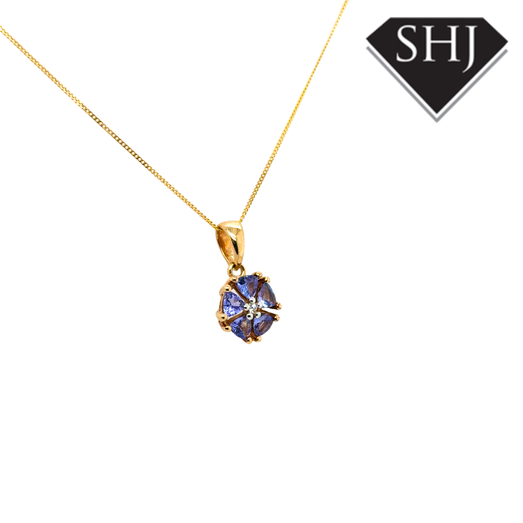 9ct Yellow Gold Tanzanite and Diamond Pendant & Chain