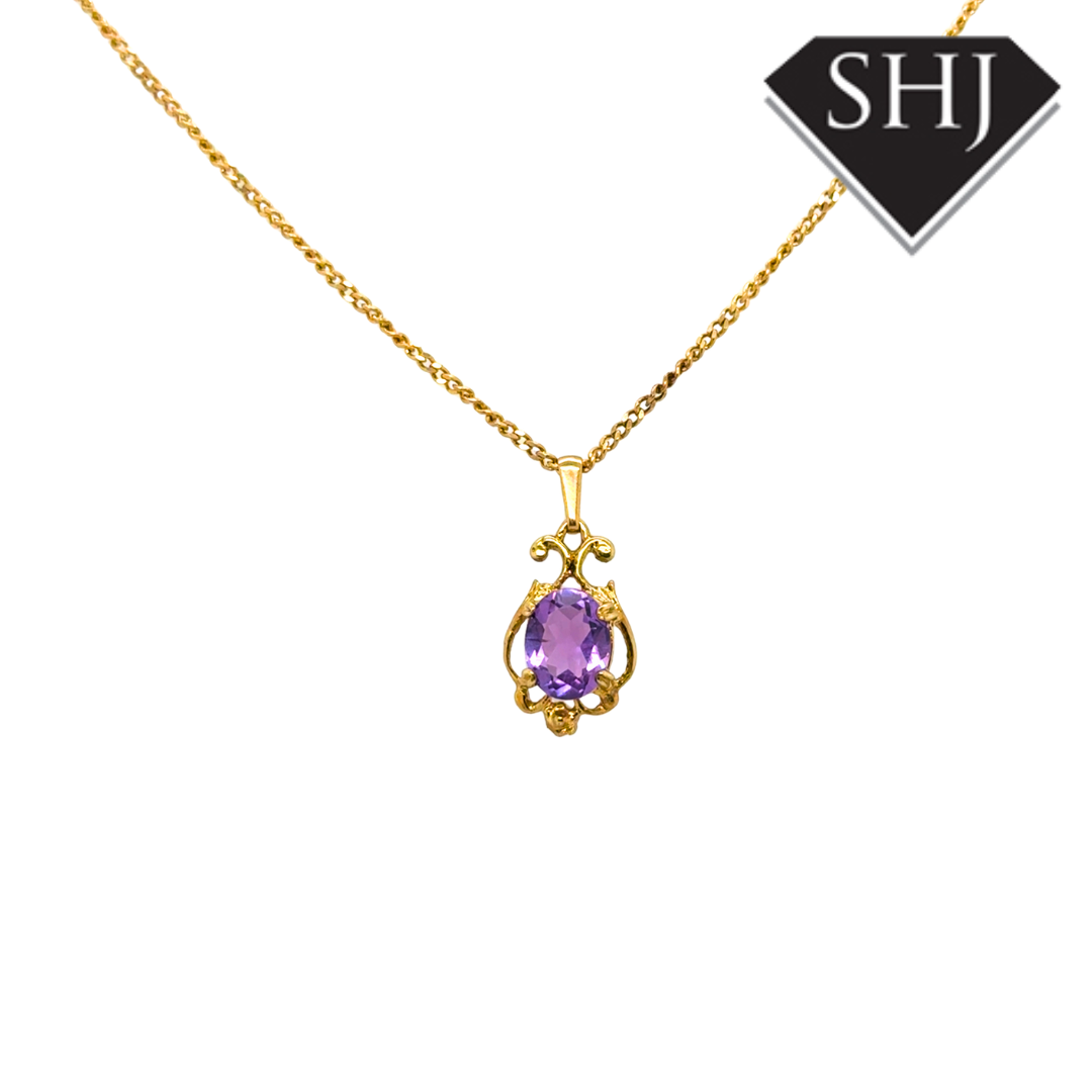 9ct Yellow Gold Amethyst Pendant & Chain