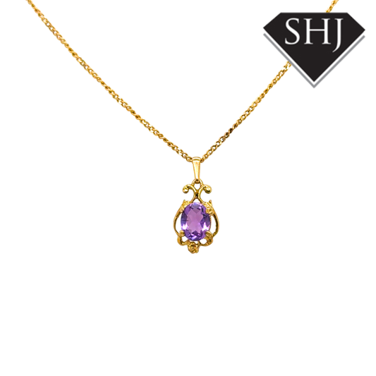 9ct Yellow Gold Amethyst Pendant & Chain