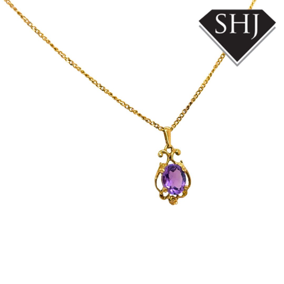 9ct Yellow Gold Amethyst Pendant & Chain
