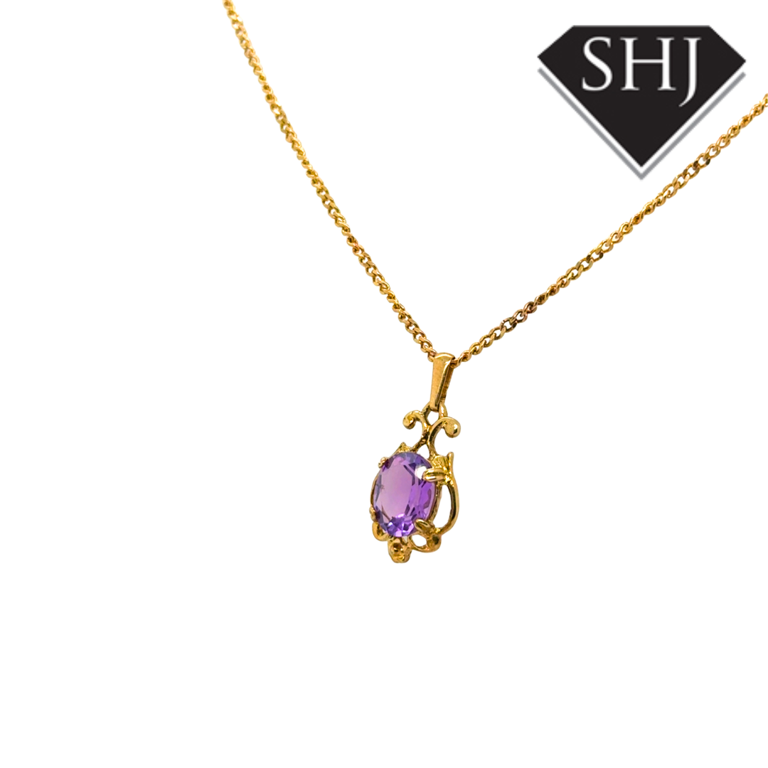 9ct Yellow Gold Amethyst Pendant & Chain