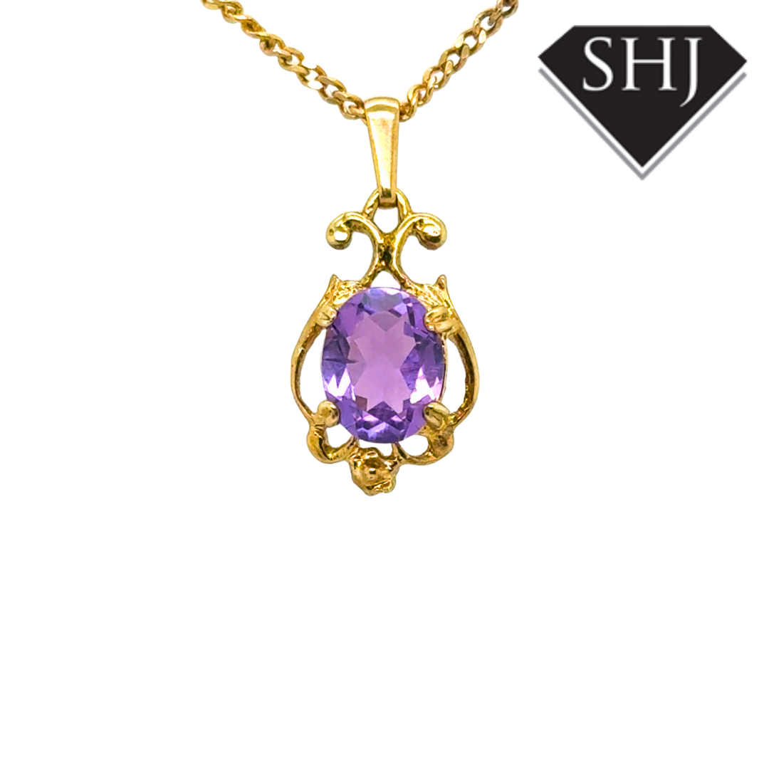 9ct Yellow Gold Amethyst Pendant & Chain
