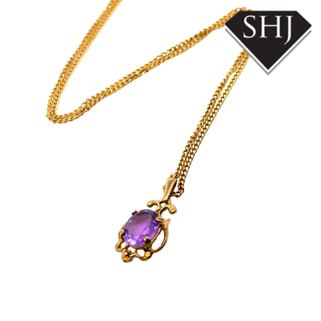 9ct Yellow Gold Amethyst Pendant & Chain