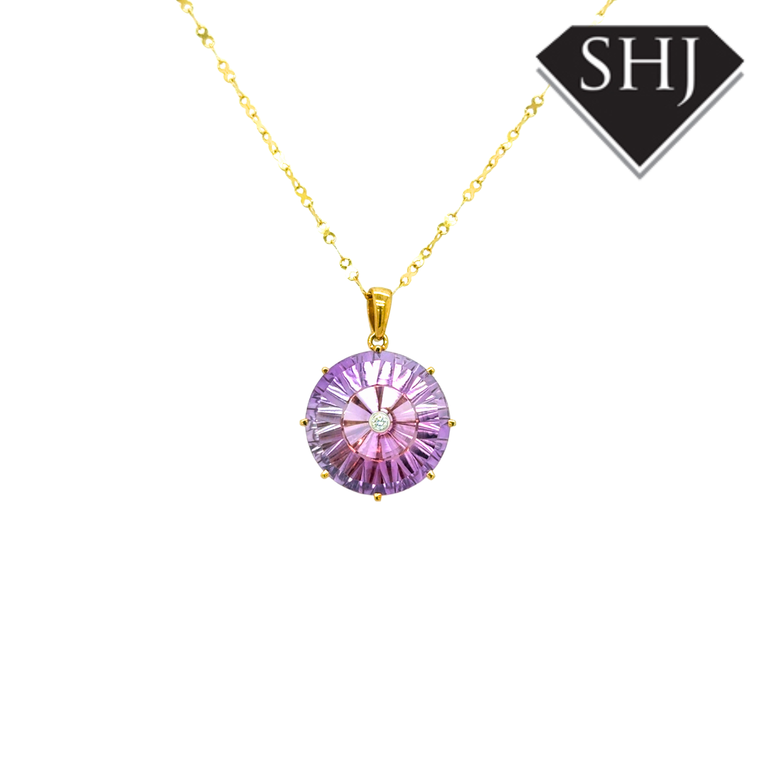9ct Yellow Gold Amethyst and Diamond Pendant & Chain