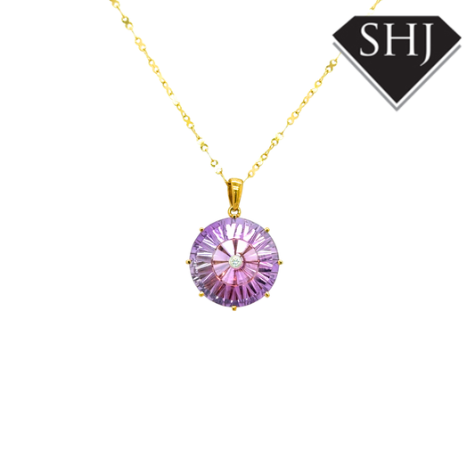 9ct Yellow Gold Amethyst and Diamond Pendant & Chain