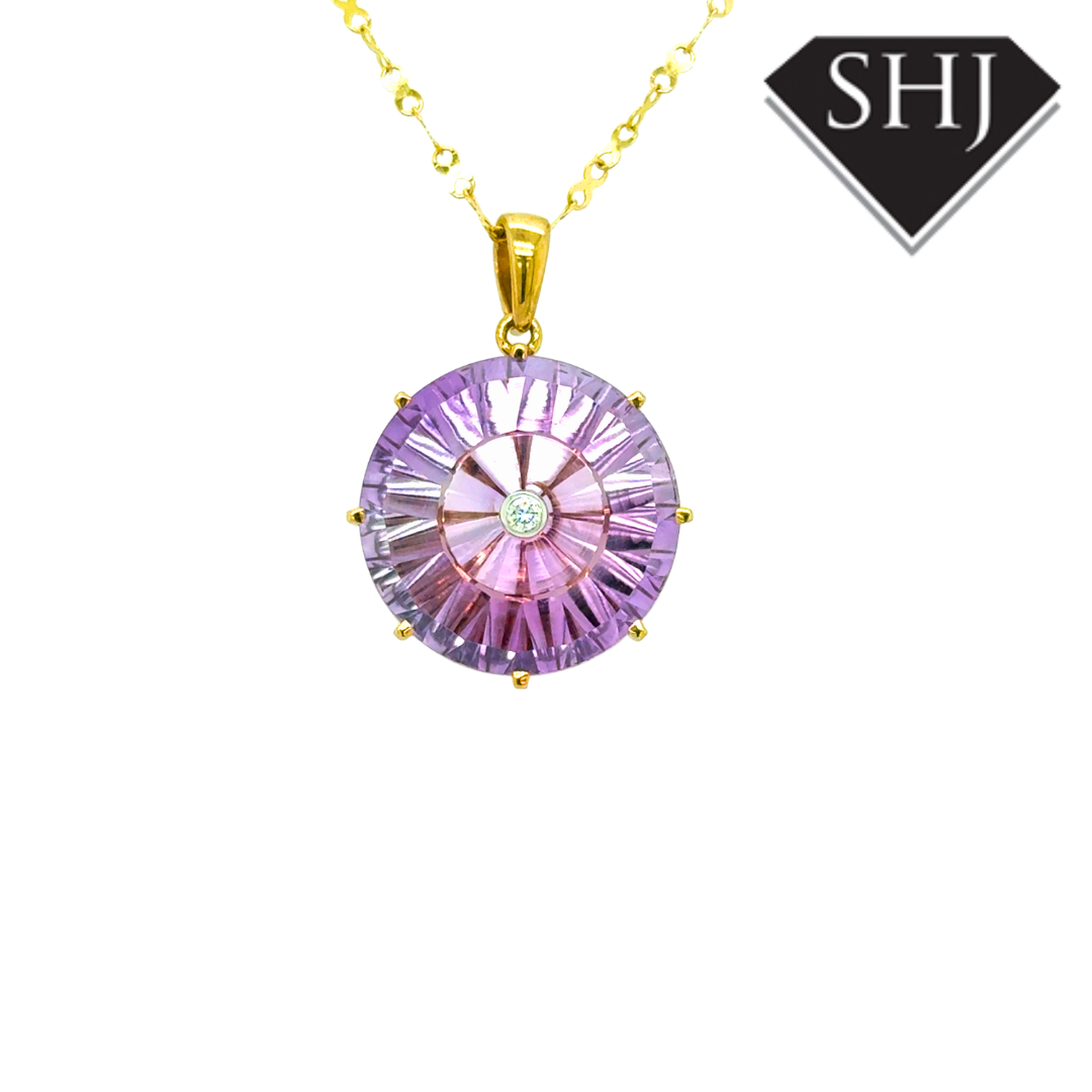 9ct Yellow Gold Amethyst and Diamond Pendant & Chain