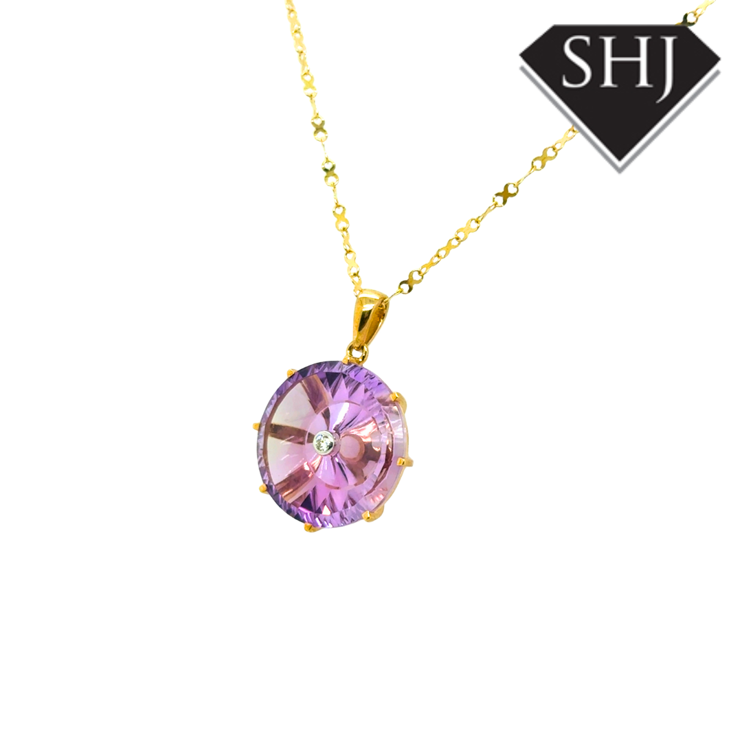 9ct Yellow Gold Amethyst and Diamond Pendant & Chain