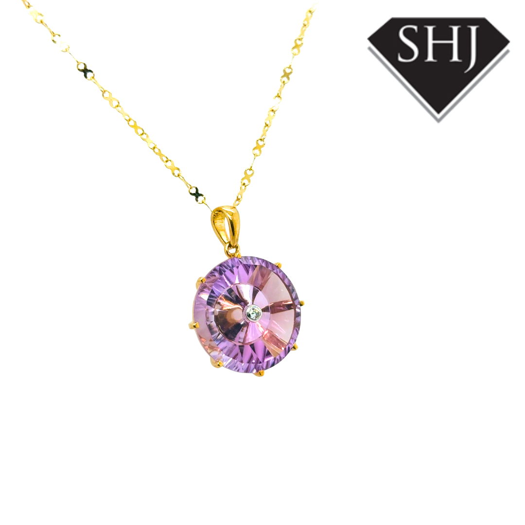 9ct Yellow Gold Amethyst and Diamond Pendant & Chain