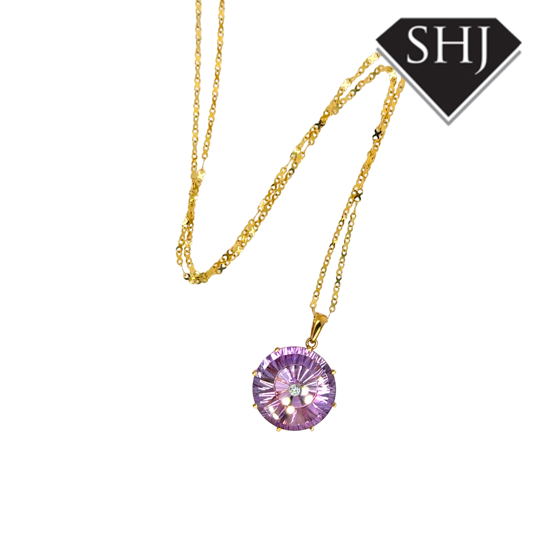 9ct Yellow Gold Amethyst and Diamond Pendant & Chain