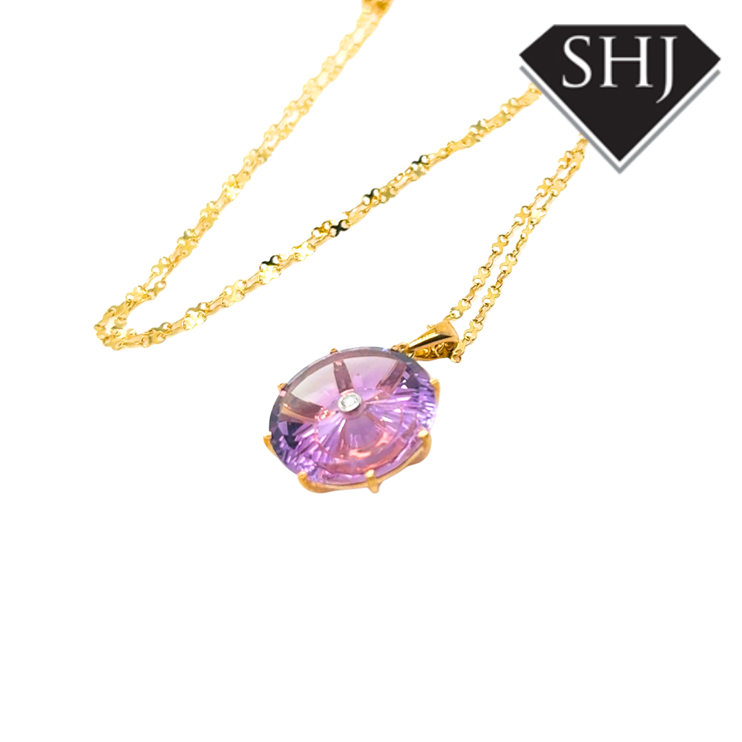9ct Yellow Gold Amethyst and Diamond Pendant & Chain